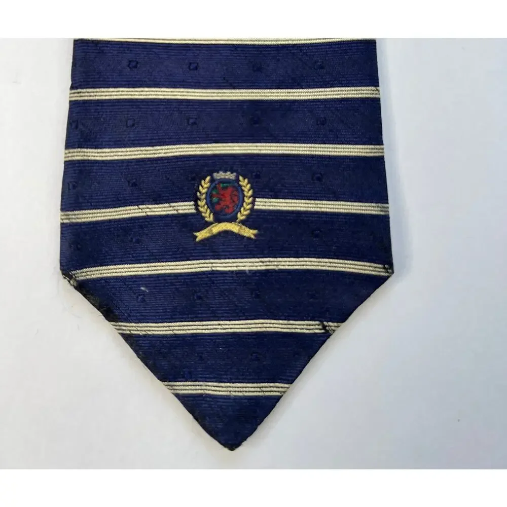 Tommy Hilfiger Mens Silk Tie Navy Gold Stripe Crest USA Classic Designer